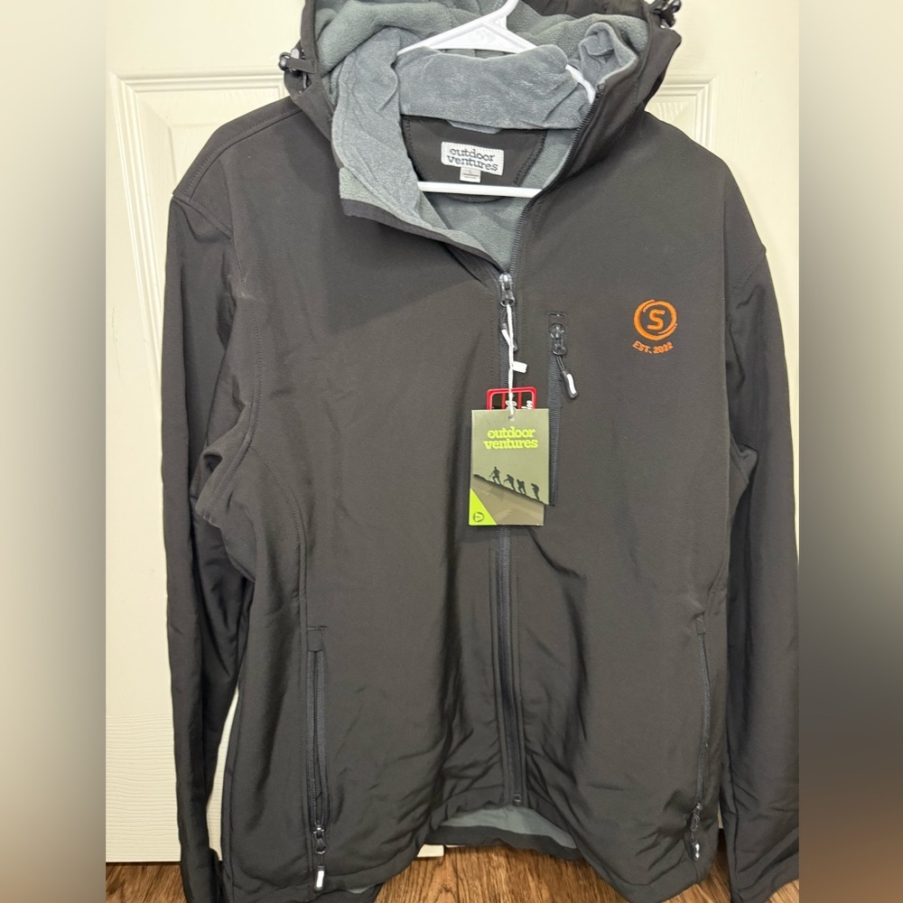 Outdoor Ventures Softshell Jacket Mens Large Black Hooded Fleece Lined‎ NWT